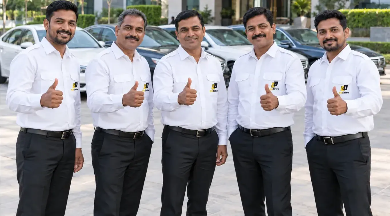 The GoDrive team in white uniform shirts standing in front of the fleet